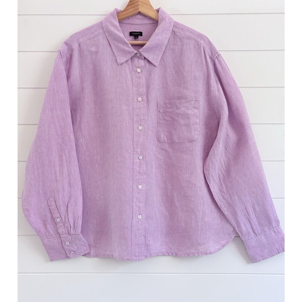 Talbots 100% Linen Button Front Shirt XL Oversized Relaxed Purple Pink Coastal